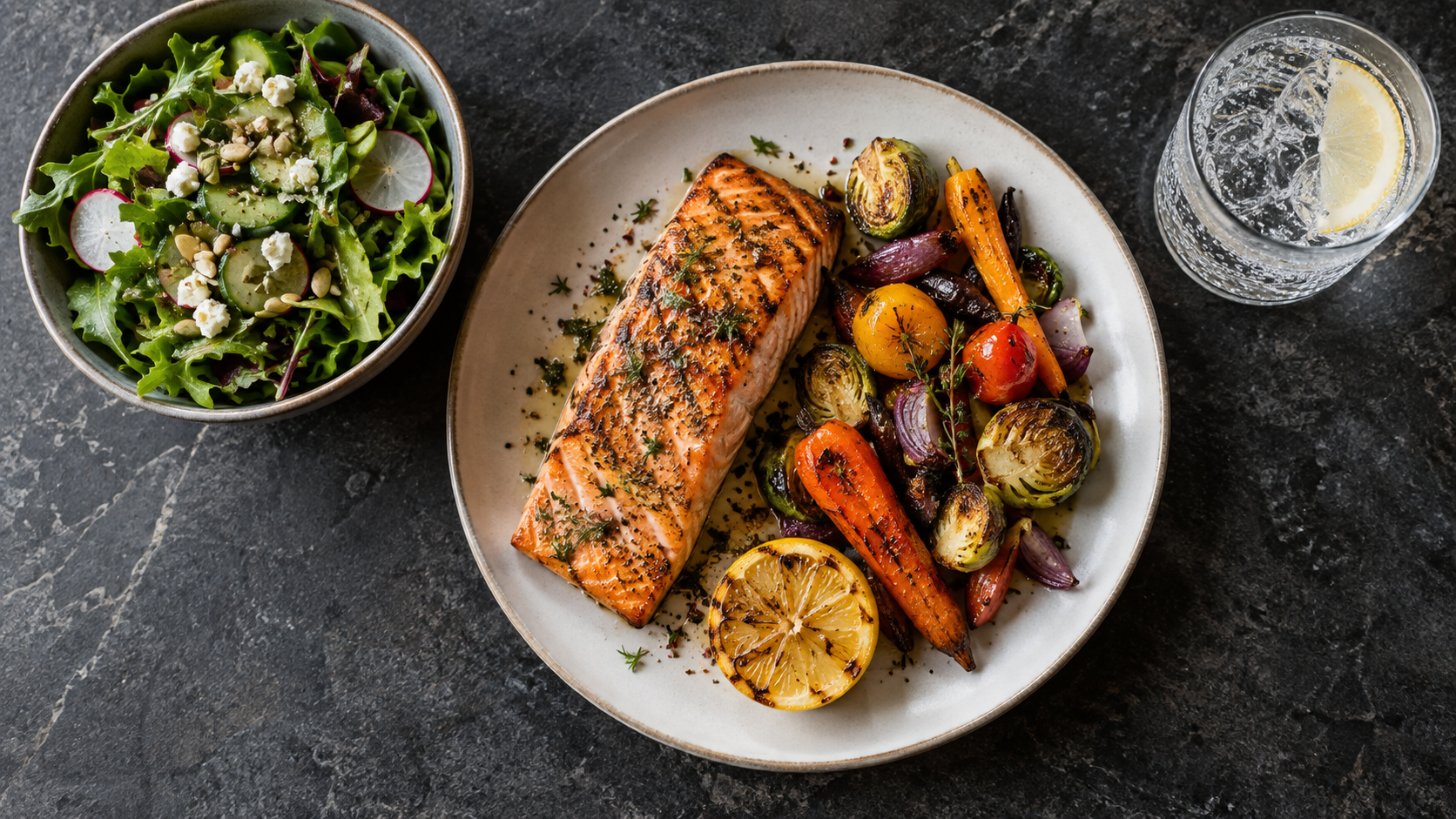 A calorie-conscious restaurant meal viewed from above