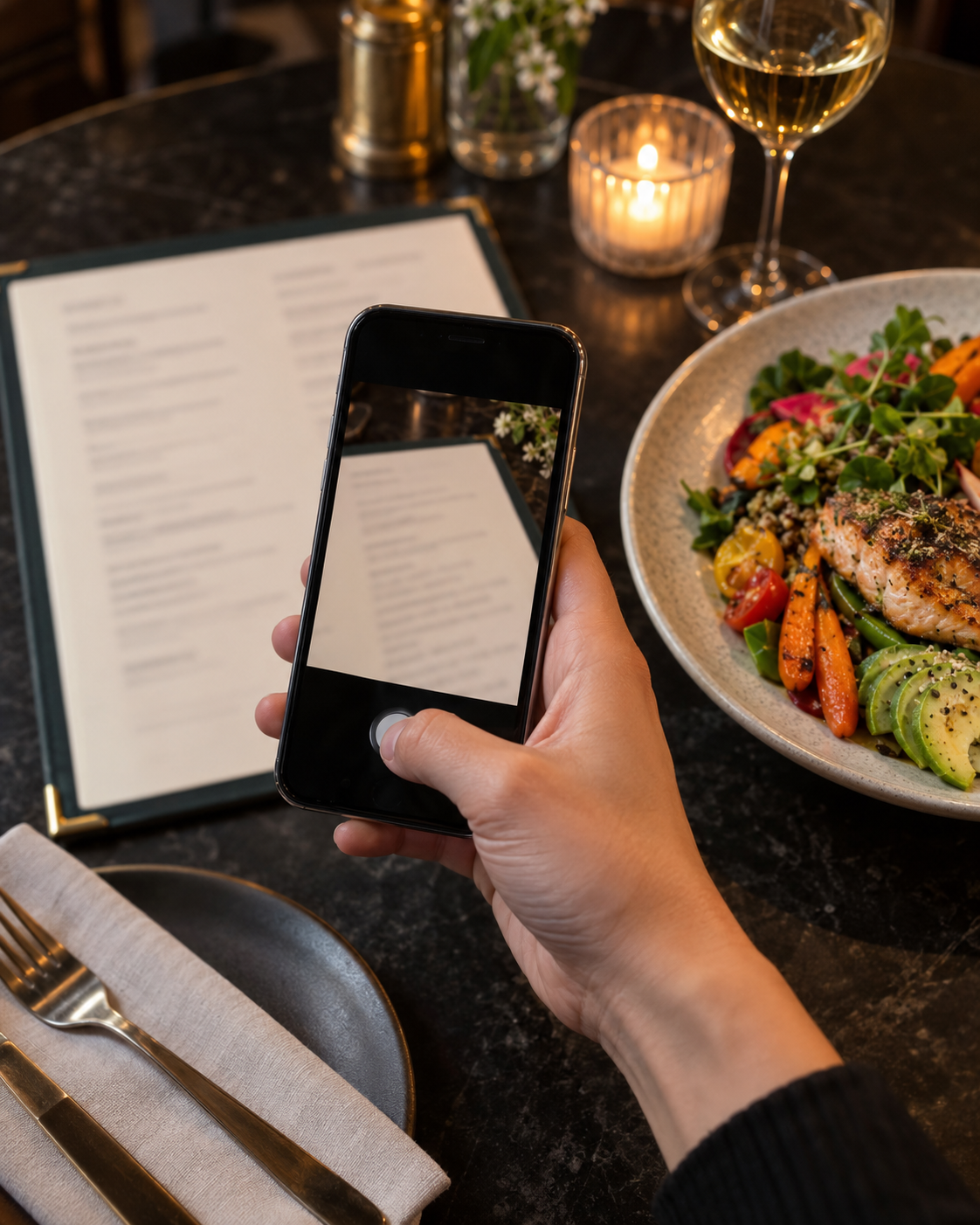 A phone scanning a restaurant menu beside a healthy meal